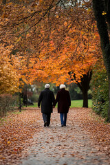 Obraz premium Senior couple walking hand in hand in a park, with autumn leaves on the ground