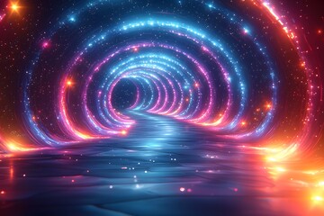 Obraz premium Vibrant neon tunnel with futuristic lights and glowing pathway