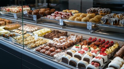 Fototapeta premium Sweets Display: A visually appealing display of various confections, including pastries, in a shop