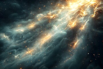 Obraz premium Cosmic swirls: glowing galactic clouds and light streams in deep space