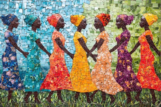 Mosaic art of African women in colorful dresses and headscarves, standing together with their hands clasped to form the word "Biri ma", symbolizing unity and diversity. The mosaic is f Generative AI .