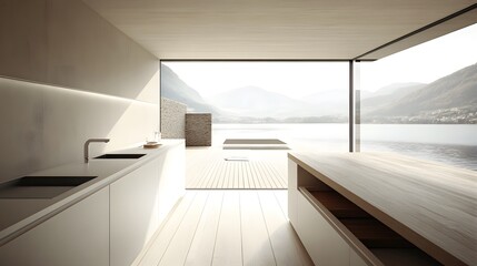Obraz premium A minimalist kitchen with sleek white cabinets, ample natural light, and wooden countertops