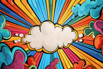 A vibrant, colorful explosion of rays in various hues surrounding a central white cloud, creating a joyful and dynamic visual effect.