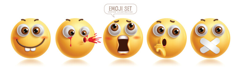 Emoji 3d emoticon character vector set. Emoticons facial expression in happy, ashamed, shocked, embarrassed, quiet, weird and silent faces for graphic elements collection. Vector illustration emojis 