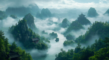 Misty Mountains and Ancient Temples: Enchanting landscape photography of a serene river valley...