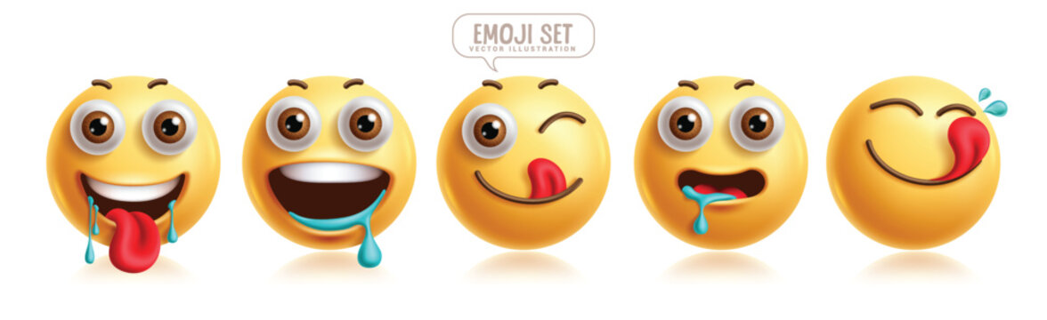 Emojis hungry 3d emoticon characters vector set. Emoticons facial expression in yummy, delicious, tasty, starving, lick and happy cute face character graphic elements. Vector illustration emojis 