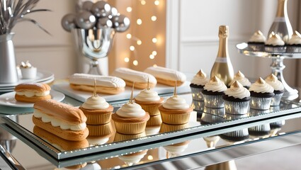 Fototapeta premium A modern indoor dessert table featuring éclairs, panna cotta, and champagne cupcakes, with fairy lights and upscale New Year's decor, capturing the holiday’s elegance in sharp detail.