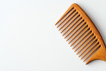 A close-up view of a wooden hair comb placed on a clean white background, perfect for beauty and grooming themes.