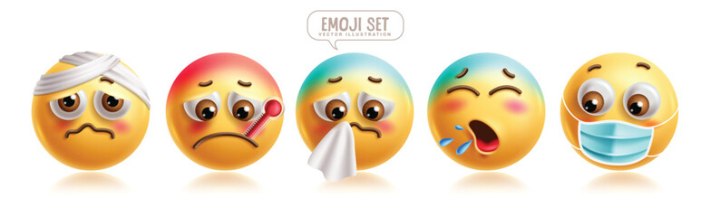 Emoji sick 3d emoticon characters vector set. Emoticons character with cough, colds, illness, sickness, fever, sneezing and flu facial expressions graphic elements collection. Vector illustrations 