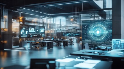 Futuristic open-plan office with AI-integrated desks, augmented reality (AR) screens, and a central AI hub that manages workflow and data analysis.