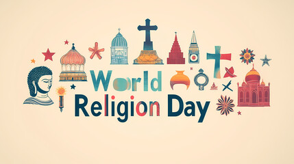 The words "World Religion Day" in large letters on the wall, surrounded by religious symbols and icons of different palettes such as a Buddha's head, an Islamic ornament with a cross  Generative AI .