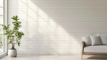 Fototapeta premium A modern wooden plank wall painted in a soft white, with horizontal lines creating a serene and neutral backdrop for interior design or product placement. 