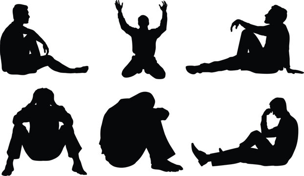 Set of man praying God and man depression with sitting silhouette vector illustration