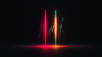 Vibrant neon candlesticks rise and fall against dark background, creating dynamic visual representation of market trends. colorful peaks and drops evoke sense of energy and movement