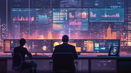 Business professionals using AI-driven data analytics tools in a smart office, with interactive touchscreens and virtual assistants providing real-time insights.