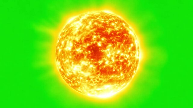 Realistic sun rotating on green screen. Realistic burning sun solar surface with flares on green screen background. 3d render. Chroma key 4k video