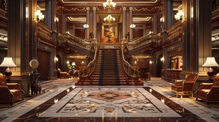 Obraz premium Grand hotel lobby with marble floors, luxurious furniture and an elegant staircase