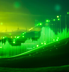Naklejka premium Green glowing chart illuminated by bright data points, set against a blurred green landscape with wind turbines