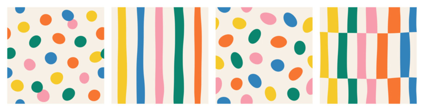 Set of cute seamless patterns of multicolored curved checkered lines and confetti, polka dots, striped pattern on a light background, hand drawn illustration, flat style