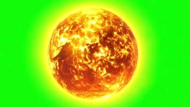 Realistic sun rotating on green screen. Realistic burning sun solar surface with flares on green screen background. 3d render. Chroma key 4k video