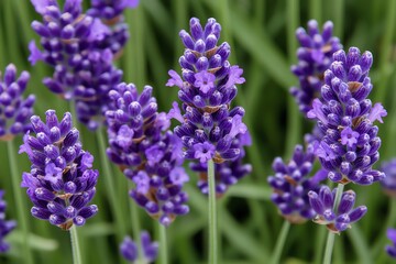 Vibrant lavender flowers in full bloom, showcasing their rich purple hues and delicate petals against a lush green backdrop.