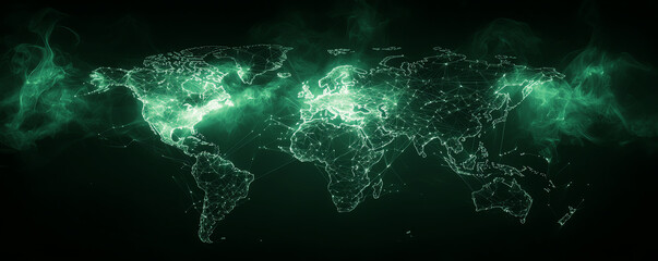 World network, glowing lines across continents, tech glow