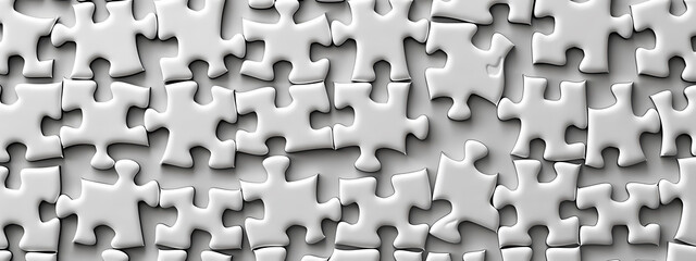 A multitude of interlocking white puzzle pieces arranged on a gray background, creating a sense of unity and challenge.