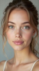 Fototapeta premium Natural Makeup Portrait of a Young Woman With Green Eyes and Soft Features Against a Light Background. Generative AI