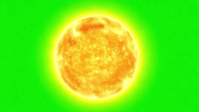 Realistic sun rotating on green screen. Realistic burning sun solar surface with flares on green screen background. 3d render. Chroma key 4k video