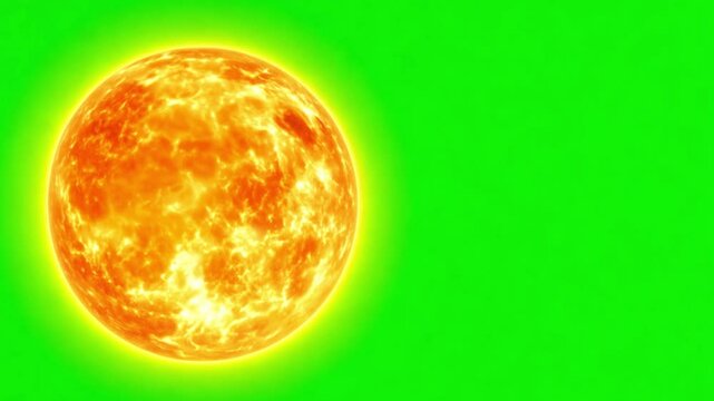 Realistic sun rotating on green screen. Realistic burning sun solar surface with flares on green screen background. 3d render. Chroma key 4k video