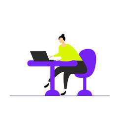 The girl is sitting and working on a laptop