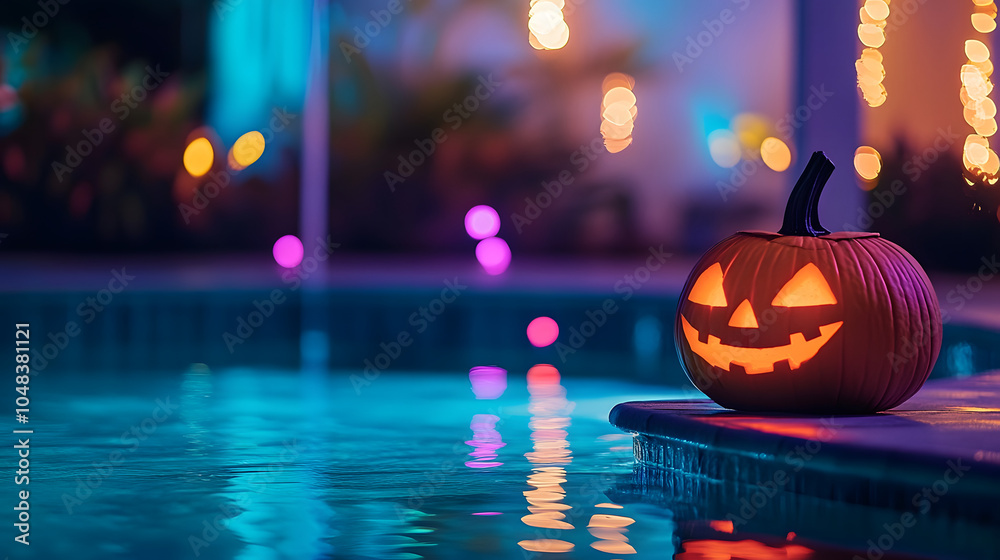 Canvas Prints glowing halloween pumpkin by the side of a pool with colorful lights in the background
