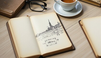 Urban Cityscape Sketch in Notebook with Coffee and Glasses with Copy Space
