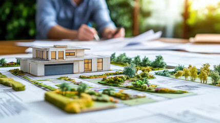 Fototapeta premium model of modern private house with landscape design on table in architect's office
