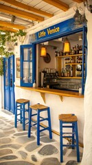 Fototapeta premium Relaxing Summer Days at Little Venice Bars in Mykonos, Greece With Picturesque Coastal Views. Generative AI