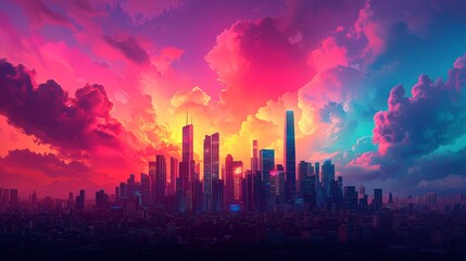 Fototapeta premium A vibrant city skyline at sunset, featuring colorful clouds and skyscrapers, creating a stunning urban landscape.