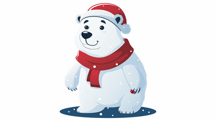 Smiling Polar Bear in Red Santa Hat and Scarf
