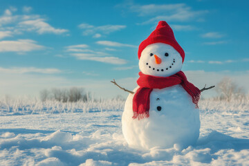 Obraz premium cheerful snowman stands in snowy landscape, wearing red hat and scarf, with bright blue sky above. scene evokes sense of winter joy and playfulness