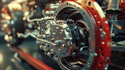 Fototapeta premium Close-up of a Car's Suspension System with Red and Silver Components