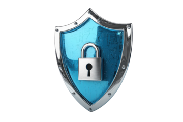 A blue shield with a silver lock representing strong security and protection. Ideal for concepts of safety, privacy, and cyber defense.