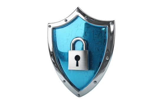 A blue shield with a silver lock representing strong security and protection. Ideal for concepts of safety, privacy, and cyber defense.
