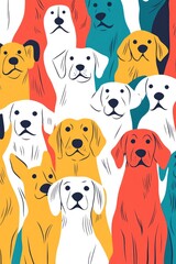 Obraz premium Minimalistic Full-Page Illustration of Dogs Gathering and Staring at Viewer with Colorful Background