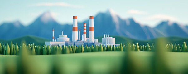 Fototapeta premium Modern oil refinery surrounded by green fields, balance between nature and industry, ecofriendly processing concept
