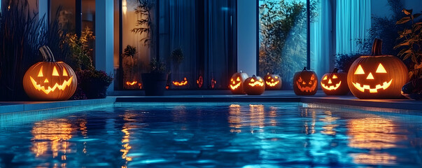 Obraz premium Eerie halloween decorations light up a contemporary pool after dark