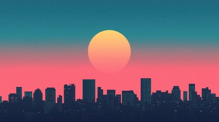 City Skyline at Sunset with Big Sun and Stars