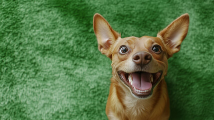 Obraz premium A happy dog with an open smile on a green background, looking playful