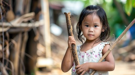 Young Girl Holding a Stick - a charming and adventurous moment. The girl confidently grips a stick, embodying the spirit of exploration and playfulness.