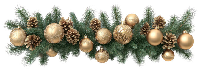 A garland of Christmas decorations with golden ornaments and pine branches on white background christmas christmas decorations accessories.