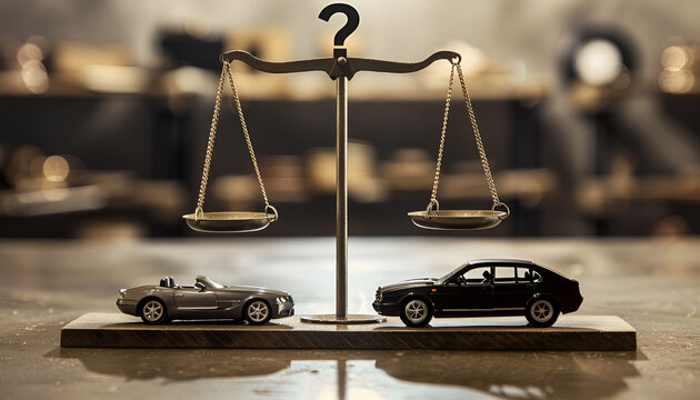 classic scales. On one pan is a car, on the other pan is another car, above the scales is a question mark