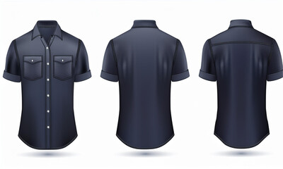 A 3D vector mockup of a classic black shirt with short sleeves and chest pockets, isolated on a white background.